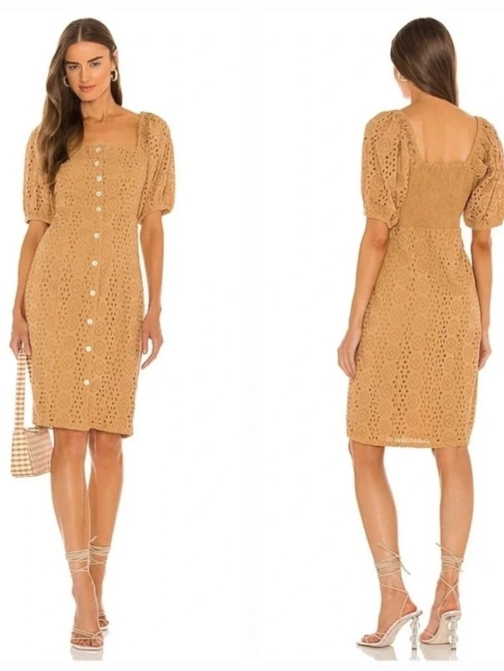 Cleobella Revolve Demi Midi Eyelet Dress Button Front Organic Cotton Wheat L